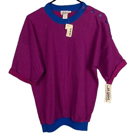 SK Sport Tops - VTG SK Sport by Stanly Women's M Purple/Blue Striped Crew Neck 1/2 Sleeve Shirt
